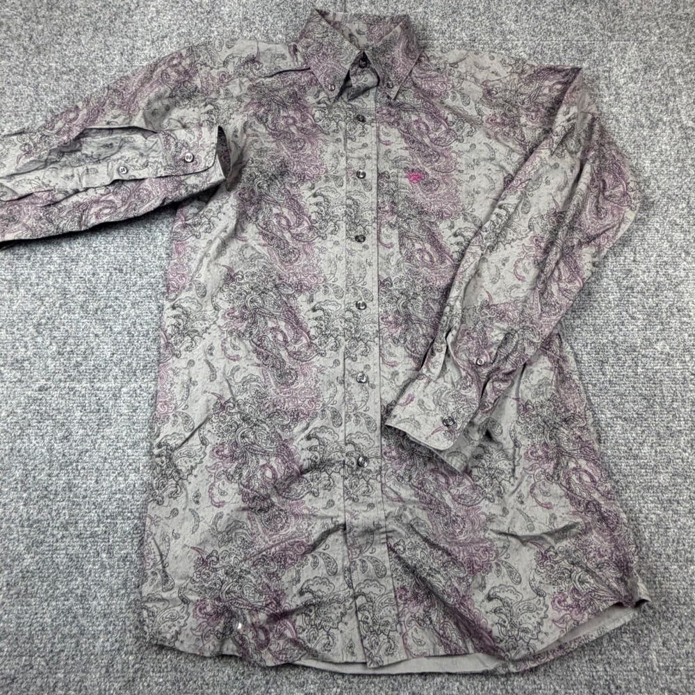VTG Ariat Womens Size Small Fitted Paisley Western Button Down Shirt Grey Purple - Picture 2 of 7